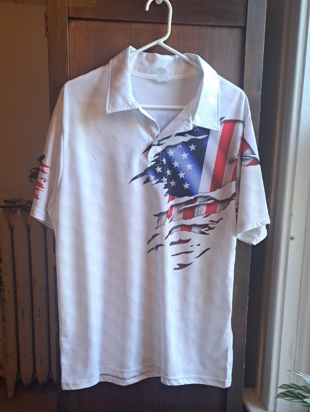 Garment One Clothing Men's Size L White Polo Red White And Blue Flag Golf Shirt